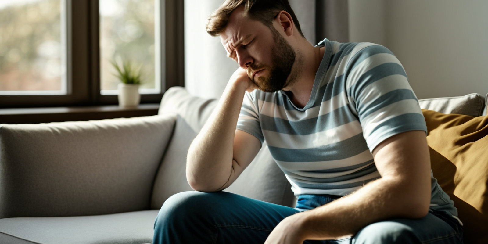 A man sitting on a sofa looking pained due to constipation because of levothyroxine.