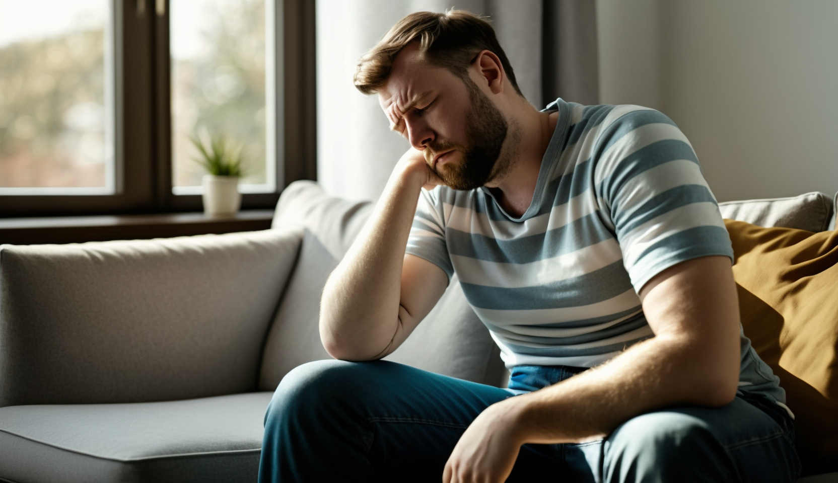 A man sitting on a sofa looking pained due to constipation because of levothyroxine.
