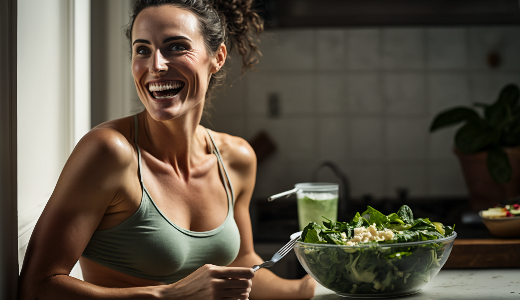 A woman smiling while eating a salad to support weight loss and make her Nature Throid work more effectively