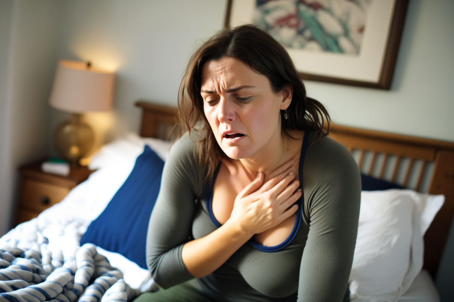 A woman having chest pain in her bed due too hypothyroidism