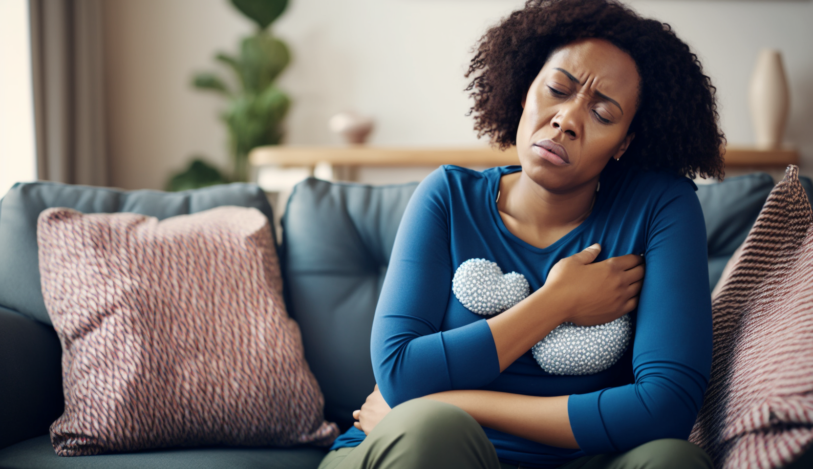 A woman sitting on a sofa, her face shows that she's having stomach issues due to levothyroxine.