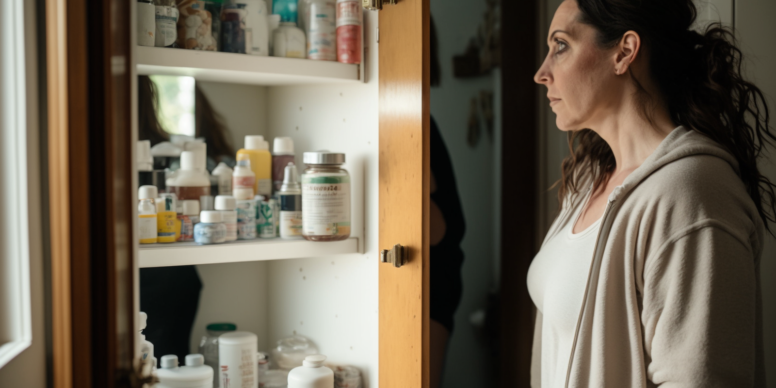A woman looking at her medicine cabinet, choosing between levothyroxine and NDT