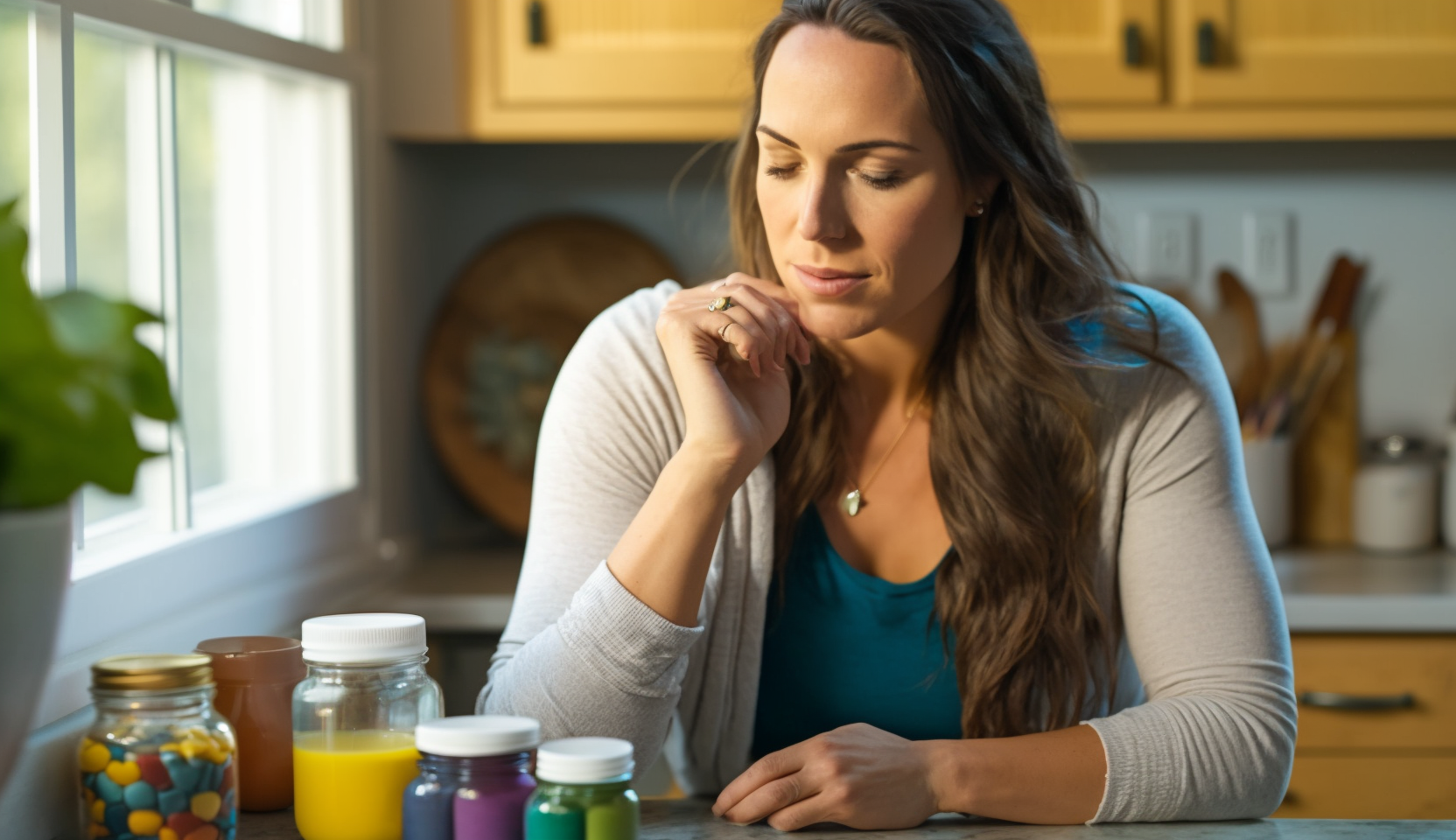 A woman sitting in the kitchen looking at thyroid supplements to avoid