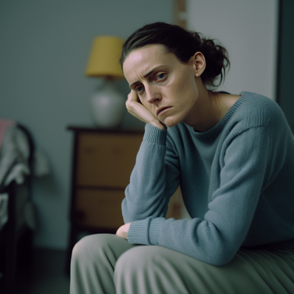 A woman sitting on a chair, looking uncomfortable as she's dealing with diarrhea due to levothyroxine.