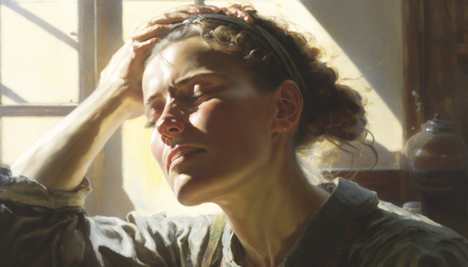 A woman sitting with eyes closed clearly suffering from migraine headache due to hypothyroidism