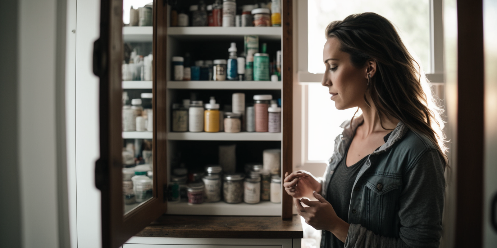 A woman standing in front of a medicine cabinet, one of the medicine inside is T3 supplement liothyronine and Natural Dessicated Thyroid
