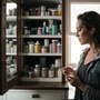 A woman standing in front of a medicine cabinet, one of the medicine inside is T3 supplement liothyronine and Natural Dessicated Thyroid