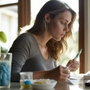 A woman sitting in her desk, trying at-home thyroid test.