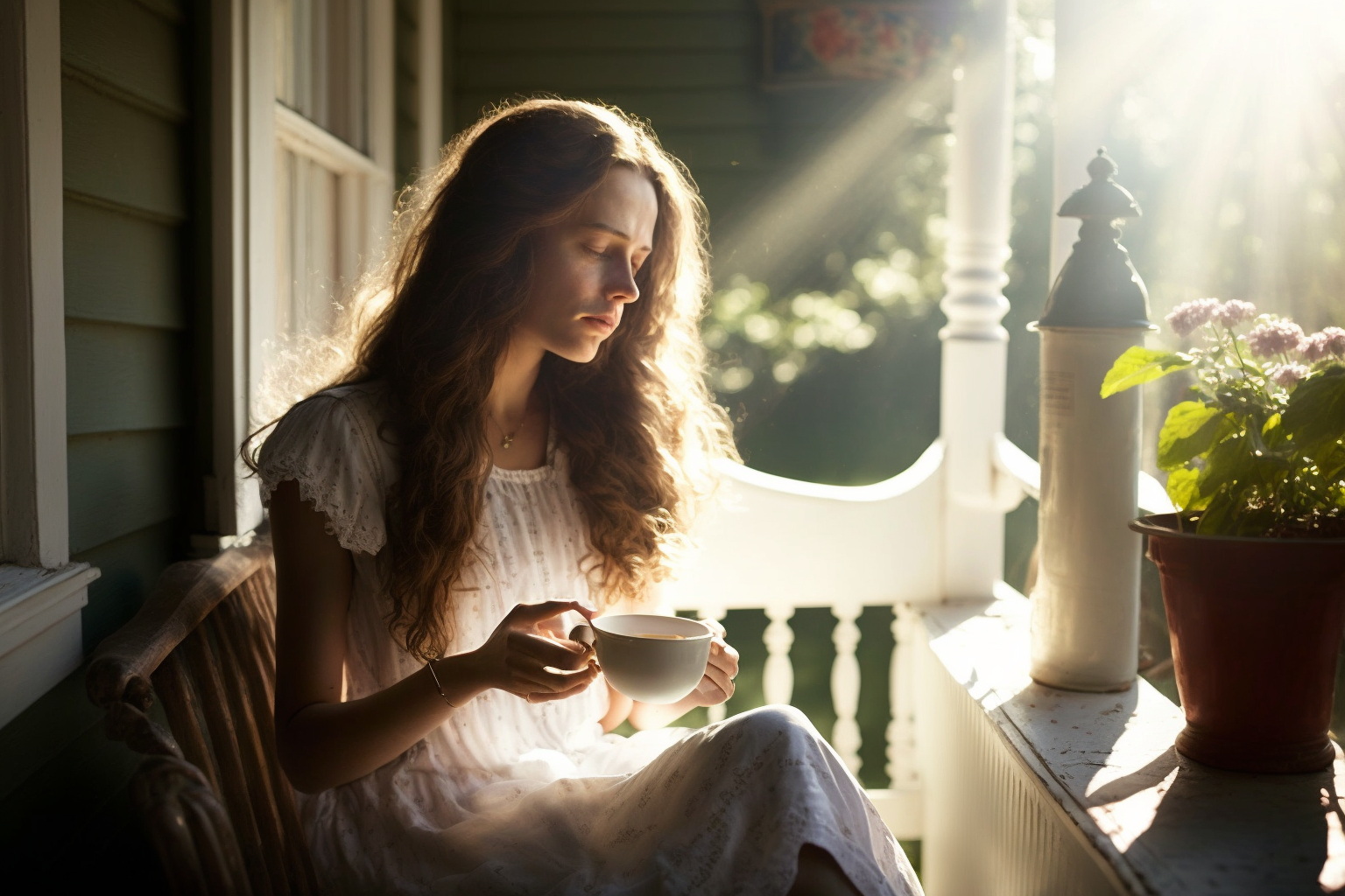 A woman sitting on a sunlit porch drinking a cup of chamomile tea as a natural remedy for hypothyroidism.