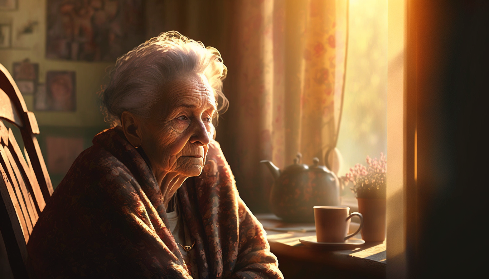A photograph of an elderly woman with hypothyroidism sitting in a sunlit room.