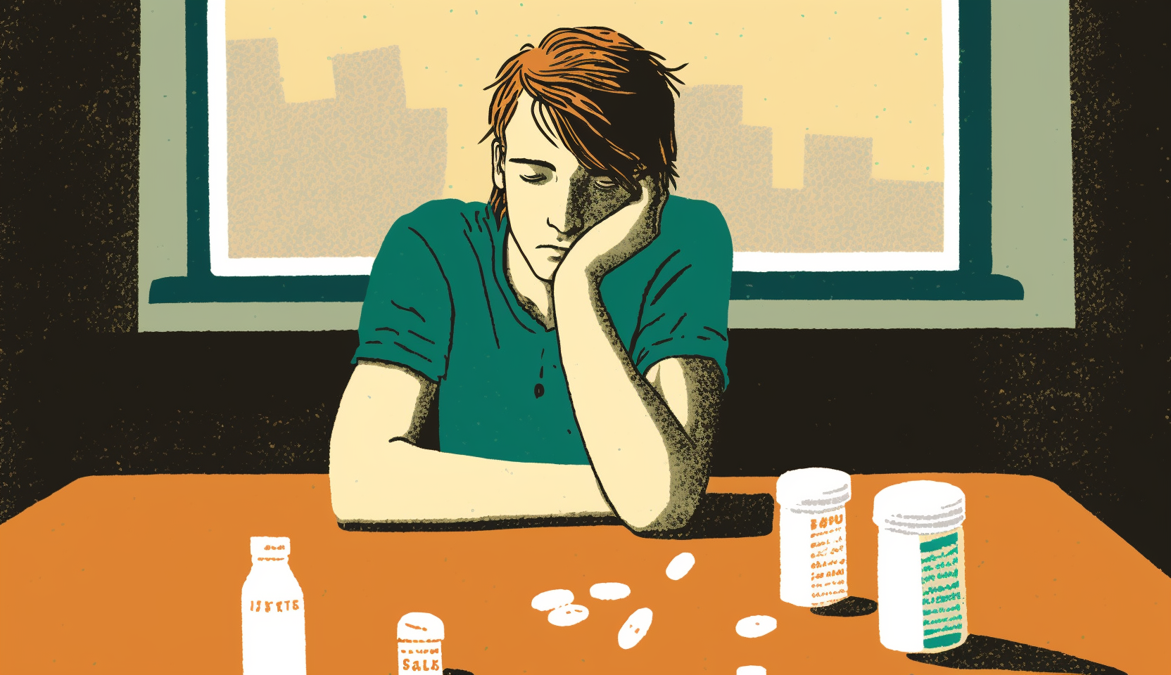 A man sitting down in front of a window, his hands are on the table. He looks tired, with medications scattered in front of him, suggesting that he's thinking about weaning off levothyroxine.