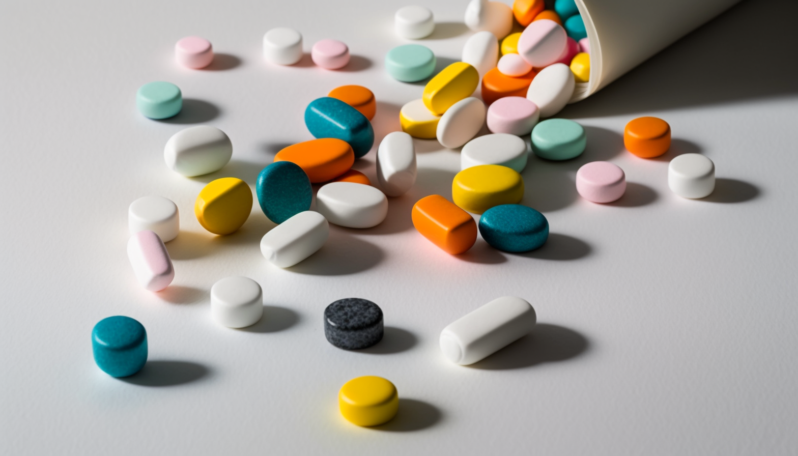 Thyroid medications in all shapes and colors scattered on a table