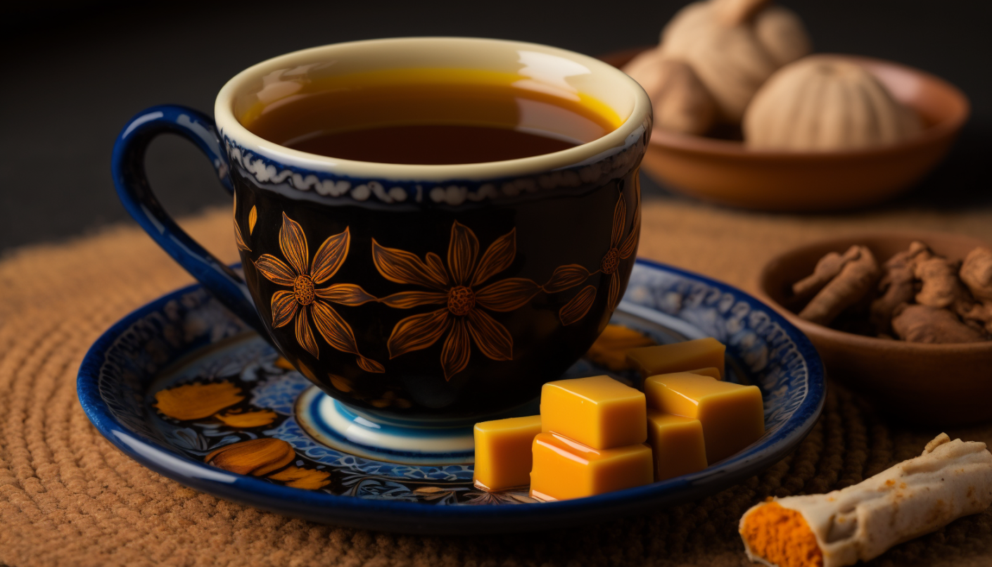 A blue ceramic teacup filled with hot herbal tea and blocks of brown sugars sit on a saucer beside it (for the article what tea is good for hyperthyroidism and hypothyroidism?)